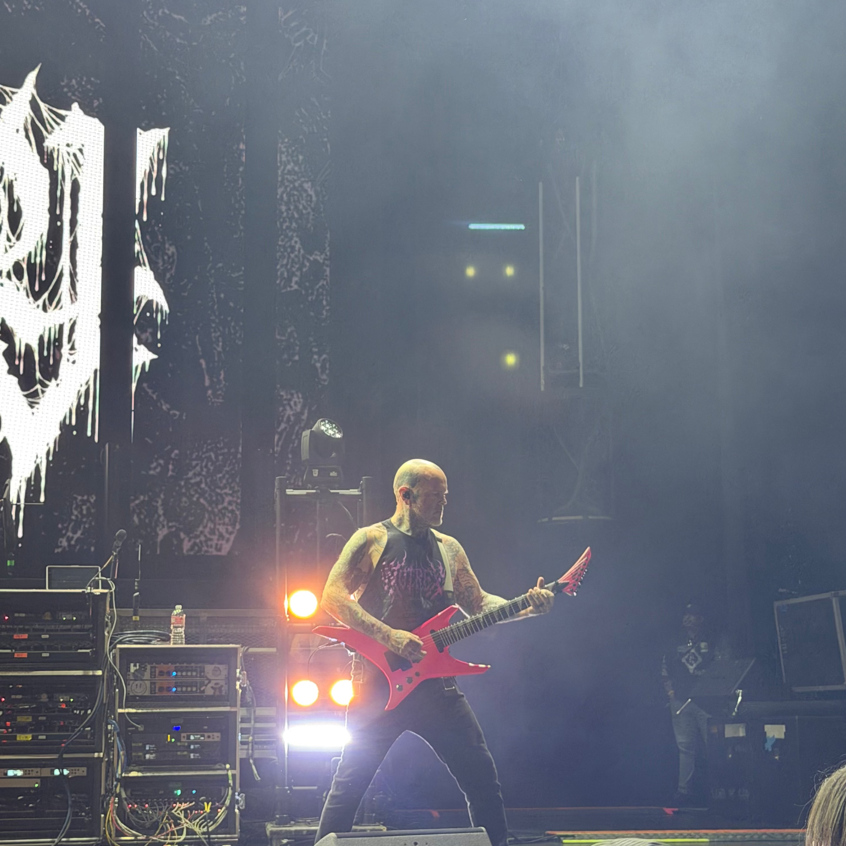 Pat Sheridan Guitar Pink Fit For An Autopsy playing guitar on tour with Lamb Of God